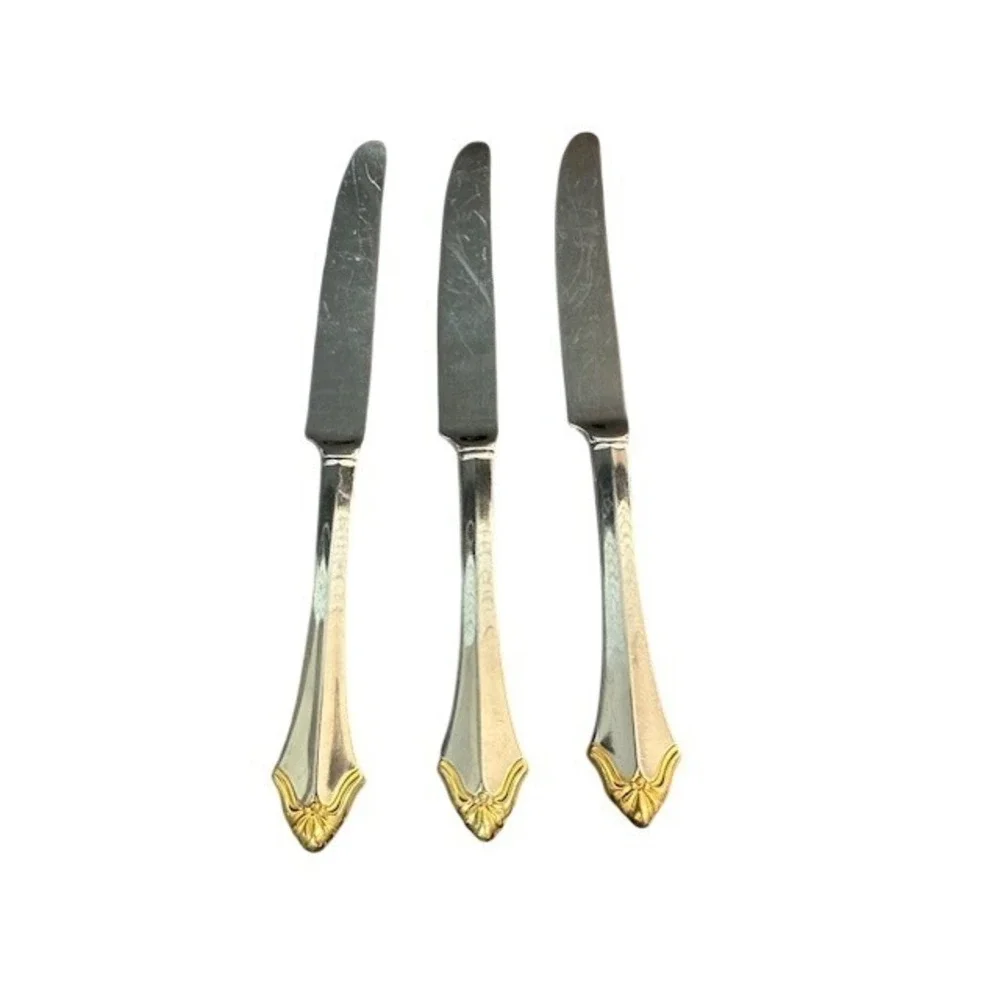 Vintage  Oneida Kenwood Two Tone‎ Silver and Gold Accent Dinner Knives Set of 3